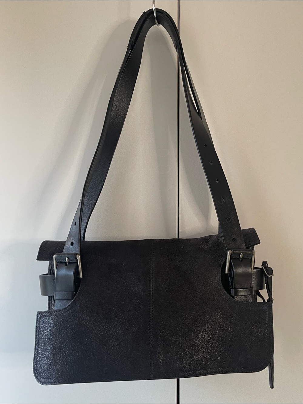 Balenciaga Black Distressed Leather Shoulder Bag Adjustable Strap Italy Rare - Picture 1 of 16